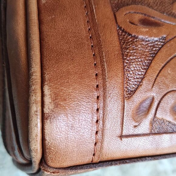 Force Ten Classic Floral Hand Tooled Leather Crossbody Bag Zip Closure Lined - Picture 9 of 14